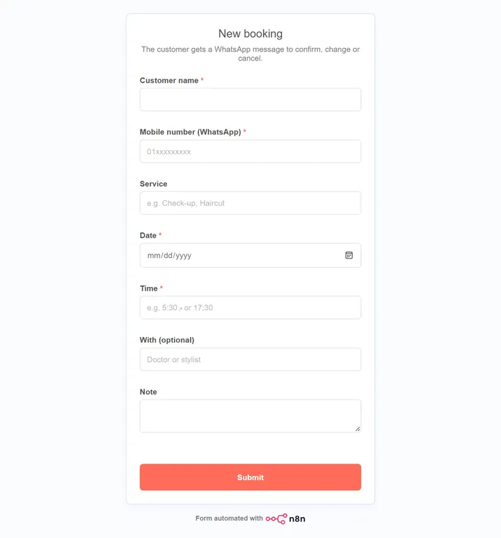 BookingFlow receptionist booking form