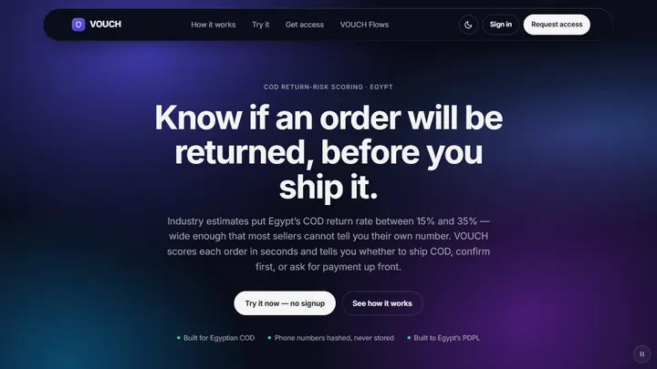 VOUCH landing page headline: Know if an order will be returned, before you ship it